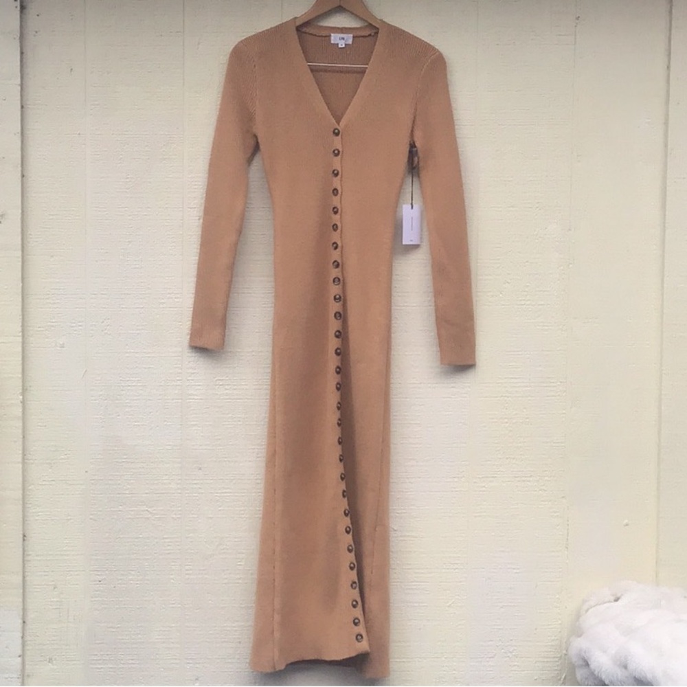 LPA Kavala sweater dress ribbed Tan Button-Down midi Maxi Dress